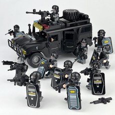 군사 건물 블록 세트 검은 경찰차 경찰 인형 조립 완구 가방, 인간의 새끼는 약 5cm 높이, 1개, 12가지 스타일+X025