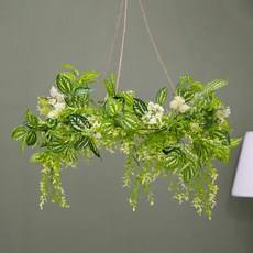 페페로미아 조화 꽃 리스 벽장식 그리너리샹들리에 50cm 인테리어 녹색 식물 벽걸이 현관 문 꾸미기 소품, 그리너리메탈링