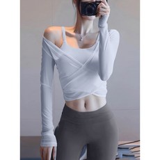 女士長袖帶胸墊吊帶瑜伽健身兩件套