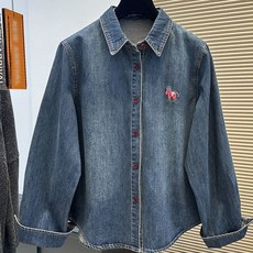 여성 데님 셔츠 말 자수 포인트 루즈핏 간절기 캐주얼 데일리 청남방