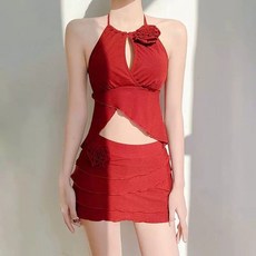 紅色掛脖分體泳衣 純欲風格 適用於小胸及泡溫泉