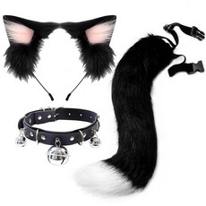 cosplay貓耳朵髮箍 貓尾巴飾品 獸耳髮飾 獸尾配飾套裝, 1個, 黑粉獸耳+三衹鈴鐺+黑白尾巴