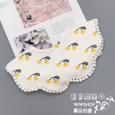 NINISHOP 韓版雙層純棉造型圍兜 360度吸水透氣口水巾 黃色櫻桃圖案, 1個, 14-黃色櫻桃【現貨】
