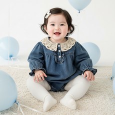 몽실이 레이스카라 빈티지 데님 롬퍼 유아 아동 여아용 봄 가을 바디슈트 외출복