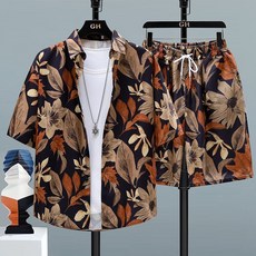 남성 반팔 하와이안 셔츠 반바지 세트 봄 여름 바캉스룩 트렌드 남방 비치 슬랙스 팬츠 캐주얼 플라워 상하의 투피스 SJS