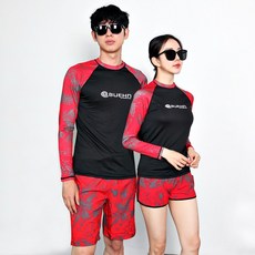 BUEHN 大尺碼游泳長袖上衣+短褲 紅色