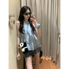 法式甜美氣質繫帶雪紡娃娃衫女夏季薄款掛脖上衣
