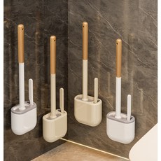 구오빌 벽걸이형 화장실 청소솔 간편한 변기솔 틈새 브러쉬 세트 슬림형, 베이지 우드