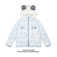 FXOP可愛狗爪滿印小狗耳朵連帽棉服，女款冬季寬鬆韓系加厚保暖棉衣, 1個, 杏色,L