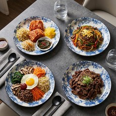 WHH 북유럽 원형 접시 예쁜 도자기그릇 홈 식기 파스타볼 세트, 블루 로즈, 4개