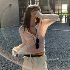여름용 반오픈 카라 버튼 긴팔 티셔츠 여성용 얇은 루즈핏 상의