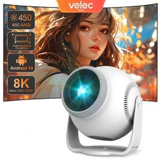 Velec 벨렉 TP360 안드로이드14 스마트 프로젝터 450 ANSI 720P 8K 비디오 디코딩 자동 초점 휴대용 야외 영화 (홈시어터용), 영국 플러그