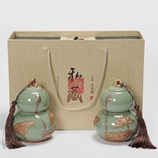 台灣暢銷 葫蘆茶葉罐禮盒 陶瓷哥窯汝窯紫砂 中號密封儲存罐 茶葉包裝盒 茶杯高檔, 私藏+哥窯葫蘆, 1個