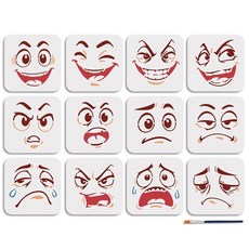 MAYJOYDIY 12피스 만화 얼굴 스텐실 세트 재사용 가능한 감정 표현 스텐실 페인팅용 14.9 x 14.9cm(5.9 x 5.9인치) 만화 드로잉 템플릿 페인트 브러시, MAYJOYDIY 12피스 만화 얼굴 스텐실 세트 재사