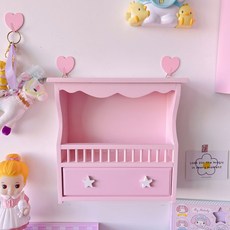 壁掛式木質收納架 盲盒公仔展示櫃, 1個, 粉抽屜粉星星櫃（送無痕釘）