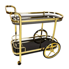 單扶手大輪橢圓酒車 - 含酒架、2色鐵管、清玻/灰玻/黑玻, 1個, 黃青銅(電鍍),黑色玻璃
