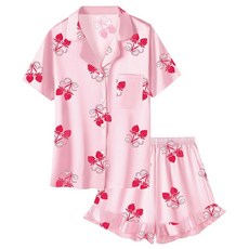 Umeyda 여아 및 여성용 새틴 파자마 세트 버튼 다운 투피스 실크 파자마 반바지 세트 러플 잠옷 만 5세-여성용 L 보우 스트로베리 핑크 9-10세103888