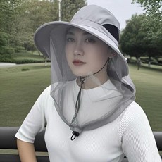 夏季戶外防曬遮陽帽防蜂防蚊蟲網紗面罩一體釣魚登山太陽帽漁夫帽 副廠商品, 淺灰色,大帽檐/男女通用 防紫外線 速幹