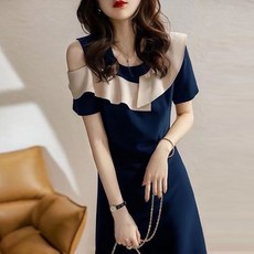 TIMEPURE 여성 오프숄더 반팔 원피스 슬림핏 세련된 프릴 원피스 오피스 룩 빅칼라 우아한 드레스