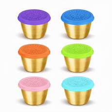 엘리펀트 304 스테인리스 골드 소스컵 6P 세트 - 70ml 단색 동그라미 무늬 실리콘뚜껑 밀폐 소분용 양념통, 6칼라 믹스, 6개