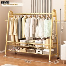 DFMEI 牀邊簡易掛衣架落地臥室內家用衣帽架可移動客廳陽臺曬晾衣服架子, 輕奢金-長150*高150丨升級雙層置物網籃【加粗22管】