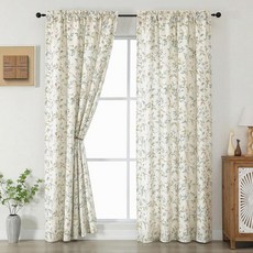 Chyhomenyc 리넨 혼방 창문 커튼 160cm(63인치) 길이 2 패널 빛 필터링 꽃무늬 프린트 커튼 드레이프 거실용 로드 포켓 부드러운 침실 커튼 패널 96.5cm