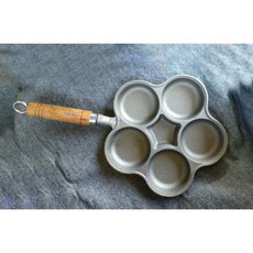 鑄鐵製木柄5孔煎盤 - 紅豆餅/鬆餅/雞蛋糕烤盤，多功能不沾點心製作神器, 1個, 木柄5孔煎盤