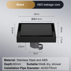 발바닥 드레인 1010cm 냄새 방지 목욕 배수 탈취 광장 DIY 블랙 샤워 필터 플러그 커버 파이프 304 스테인, 01, 01 10x10cm, 06 Black-ABS