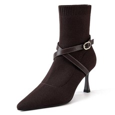 NEWBELLA COSY 여성용 포인티드 토 앵클 부츠 - 7.6cm(3인치) 키튼 힐 드레시 부츠 가을 및 겨울용 슬립온 겨울 부츠 커피 크로스 스트랩 12