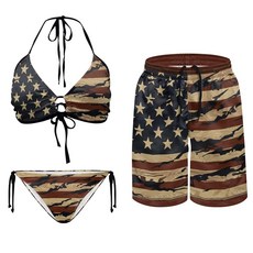 Gekhuqory커플을위한매칭수영복애국적인여성용비키니세트남성용수영트렁크비치수영복 브라운미국국기 XL135072