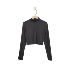 【OniWear】螺紋小立領長袖短版上衣 戶外跑步瑜珈運動上衣 - 透氣修身露臍長袖T恤