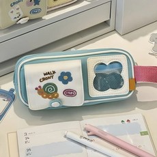 투니스 귀여운 자수 집업 펜 파우치, 프리사이즈, 블루
