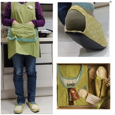 VIC 왕꽃 수공앞치마+수공실내화 세트 선물용 어린이집 공방 어머니 할머니, 1개, 그린세트