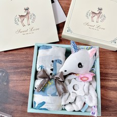 精美彌月禮盒套裝：紗布巾、大象玩偶、固齒器、安撫巾，新生兒寶寶生日禮物首選, 竹纖紗彌月禮盒【雷龍+白獨角獸娃娃】安撫娃娃, 1個