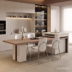 島臺意式伸縮餐桌 極簡巖闆餐桌 家用大戶型中島臺一體桌, 2.0MI 岩板島台餐桌,島台餐桌一體