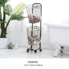 빨래통 블랙 철제 선반 2단 바퀴달린 세탁 빨래바구니2단, B. 검정색 대형 2개 바구니