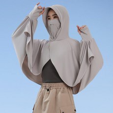 【台灣發貨】防曬披肩女夏季薄款防紫外綫罩衫戶外騎行開車透氣防曬衣麵罩連帽 透氣防曬服 防曬麵罩 防曬頭套 連帽麵罩, 淺灰色[披肩+面罩+帽子], 1個