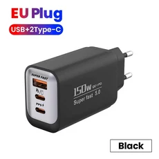 멀티 포트 USB 타입 C 고속 충전기 150W 슈퍼 벽면 EUUSUK 플러그 퀵 차지3.0 어댑터 PD3.0 헤드, 01 Black EU