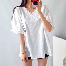 마이쏭 여성 빅사이즈 박스티 반팔티 브이넥 무지 치크워싱V넥오버핏티