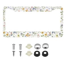 2Pcs 수채화 버건디 플라워 번호판 프레임 커버 홀더 알루미늄 합금 커버 나사 캡 및 드라이버 세트 - 2구, 1, Wildflowers Too Flower