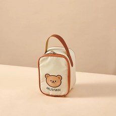 귀여운 곰돌이 방수 원통형 보온 보냉백 피크닉 직장인 도시락 가방 파우치, 크림색, 1개