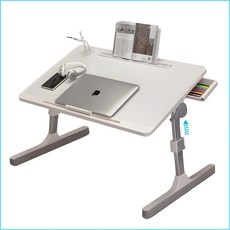 업그레이드버전 접이식 침대 테이블 좌석테이블 노트북책상 침실테이블 거실테이블 높이조절 각도조절 +USB 포트+보관 서랍+ 램프 및 팬, 업그레이드버전-화이트