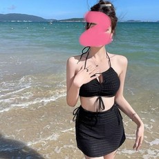 分體泳衣女裙式三件套比基尼泳裝性感網紅高級感顯瘦溫泉度假泳裝夯, 黑色,L 建議50.0-55.0公斤
