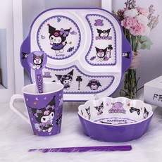 卡通庫洛米兒童餐具可愛家用耐摔防燙分格餐盤喫飯碗勺杯筷盤, 花朵碗+新款分格盤+手柄杯+勺+筷, 1個