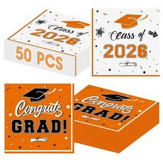 졸업 냅킨 장식 50개 - 그린 클래스 2026년 축하 3겹 종이 칵테일 디너 냅킨 세트 2026년 졸업 파티 용품 테이블 장식 선물 16.5 x 16.5cm(6.5 x 6, Orange