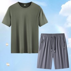 男款 夏天冰絲短袖短褲兩件套裝 速幹透氣寬松大碼運動跑步套裝