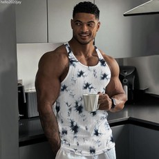 新款肌肉型男士夏季針織豎條紋健身運動休閒修身男工字迷彩背心