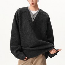 Akimu 남성니트 레이어드 브이넥니트 페이크 투피스 긴팔티셔츠