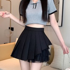 블랙 망사 플리츠 스커트 여성용 여름용 숏 스커트 하이웨이스트 하프 스커트