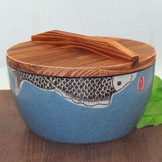 陶瓷米缸 儲物罐 加厚土陶瓷菜缸 甜酒碗湯碗 農家樂傳統創意水缸 福字缸, 富貴魚大號+蓋子, 1個